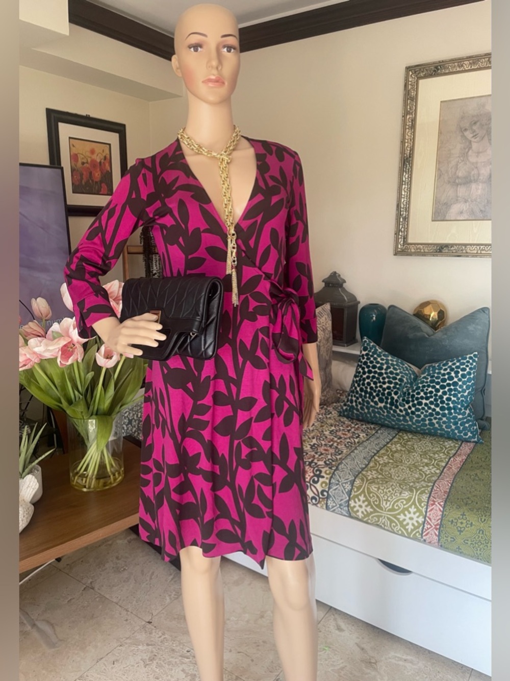 Diane Von Furstenberg Fuchsia and Black Leaf-Print Midi Wrap Dress